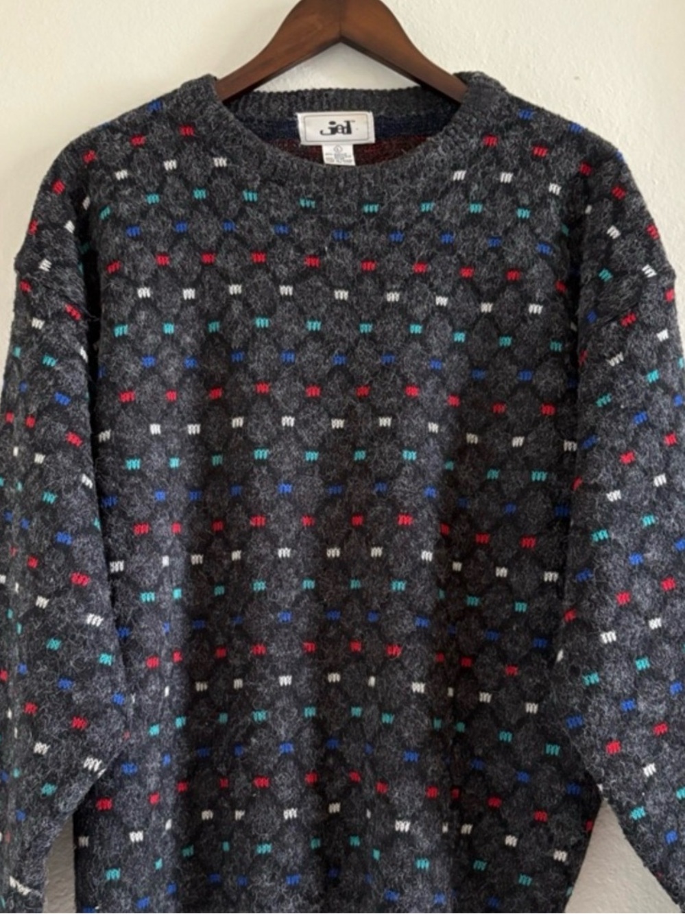 Vintage JED 90s Geometric Knit Sweater | Charcoal Gray Multi | Men's Large